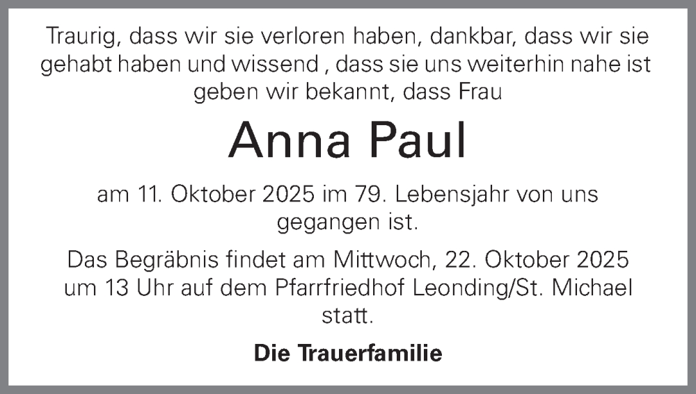  Traueranzeige für Anna Paul vom 18.10.2025 aus OÖNachrichten