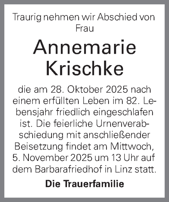 Traueranzeige von Annemarie Krischke von OÖNachrichten