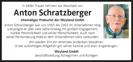Traueranzeige von Anton Schratzberger von OÖNachrichten