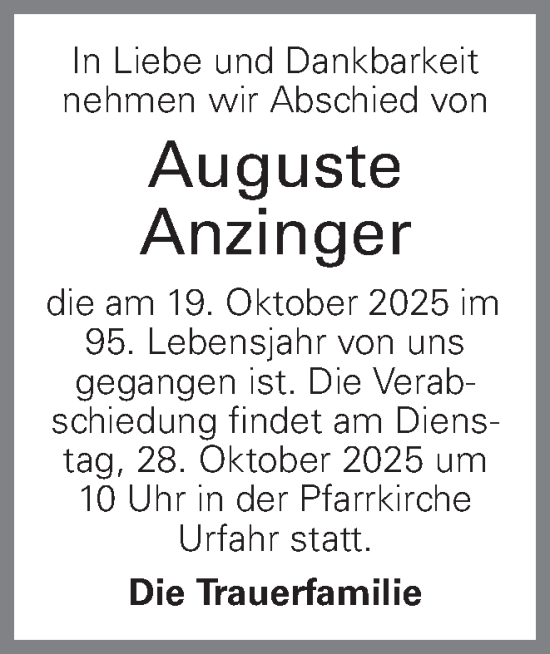 Traueranzeige von Auguste Anzinger von OÖNachrichten