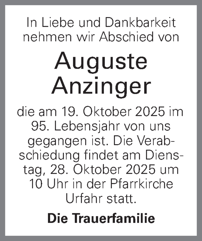  Traueranzeige für Auguste Anzinger vom 25.10.2025 aus OÖNachrichten