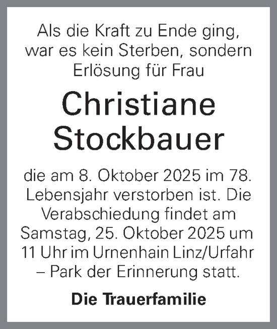 Traueranzeige von Christiane Stockbauer von OÖNachrichten