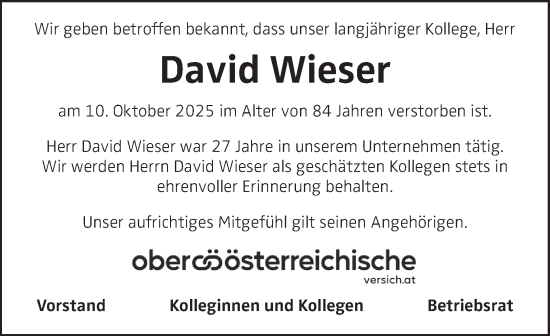 Traueranzeige von David Wieser von OÖNachrichten