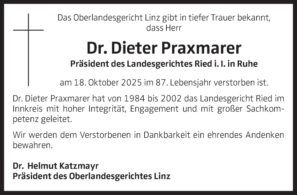  Traueranzeige für Dieter Praxmarer vom 30.10.2025 aus OÖNachrichten