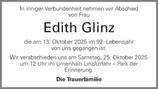 Traueranzeige von Edith Glinz von OÖNachrichten