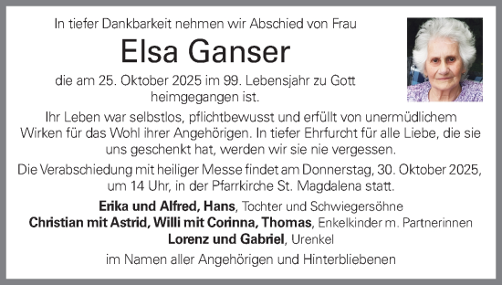 Traueranzeige von Elsa Ganser von OÖNachrichten