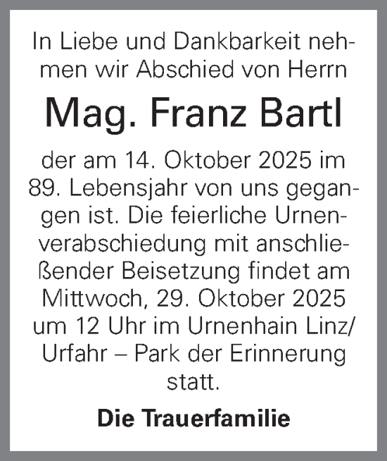 Traueranzeige von Franz Bartl von OÖNachrichten