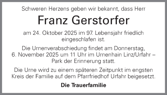 Traueranzeige von Franz Gerstorfer von OÖNachrichten