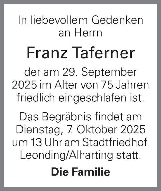 Traueranzeige von Franz Taferner von OÖNachrichten