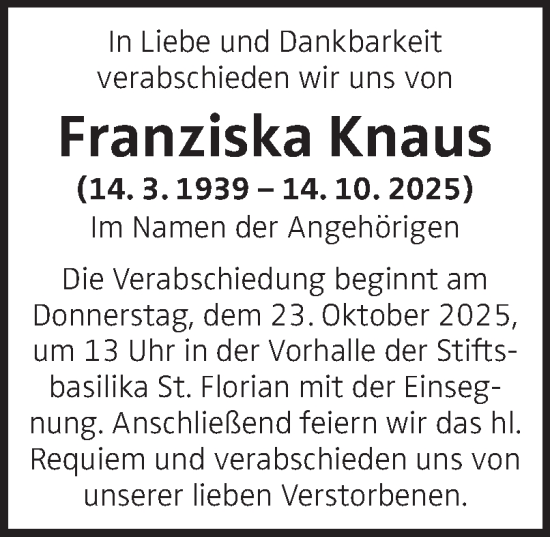 Traueranzeige von Franziska Knaus von OÖNachrichten