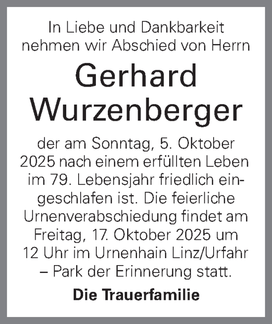 Traueranzeige von Gerhard Wurzenberger von OÖNachrichten