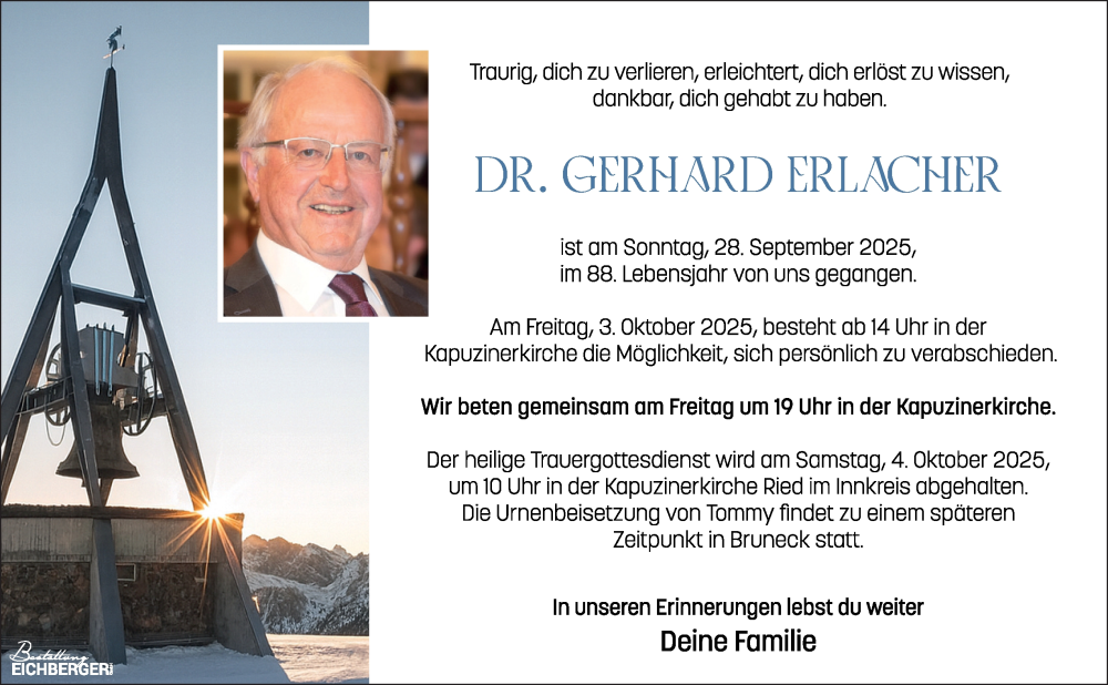  Traueranzeige für Gernard Erlachner vom 02.10.2025 aus OÖNachrichten