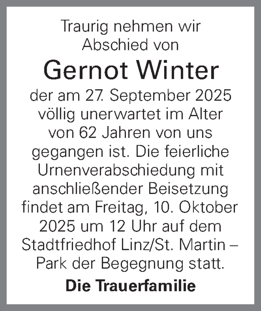 Traueranzeige für Gernot Winter vom 03.10.2025 aus OÖNachrichten