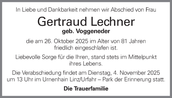 Traueranzeige von Gertraud Lechner von OÖNachrichten