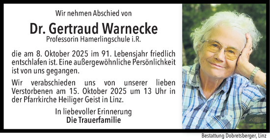 Traueranzeige von Gertraud Warnecke von OÖNachrichten
