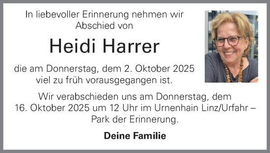 Traueranzeige von Heidi Harrer von OÖNachrichten
