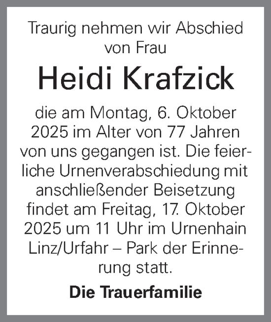 Traueranzeige von Heidi Krafzick von OÖNachrichten