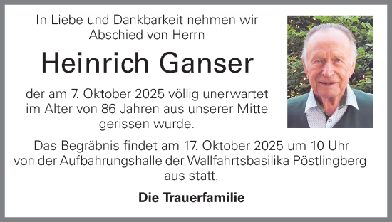 Traueranzeige von Heinrich Ganser von OÖNachrichten