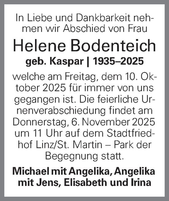 Traueranzeige von Helene Bodenteich von OÖNachrichten