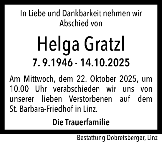 Traueranzeige von Helga Gratzl von OÖNachrichten
