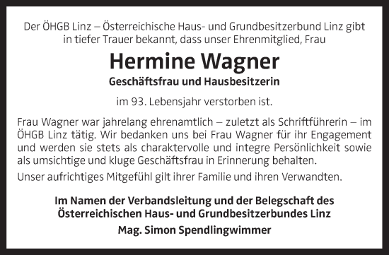 Traueranzeige von Hermine Wagner von OÖNachrichten