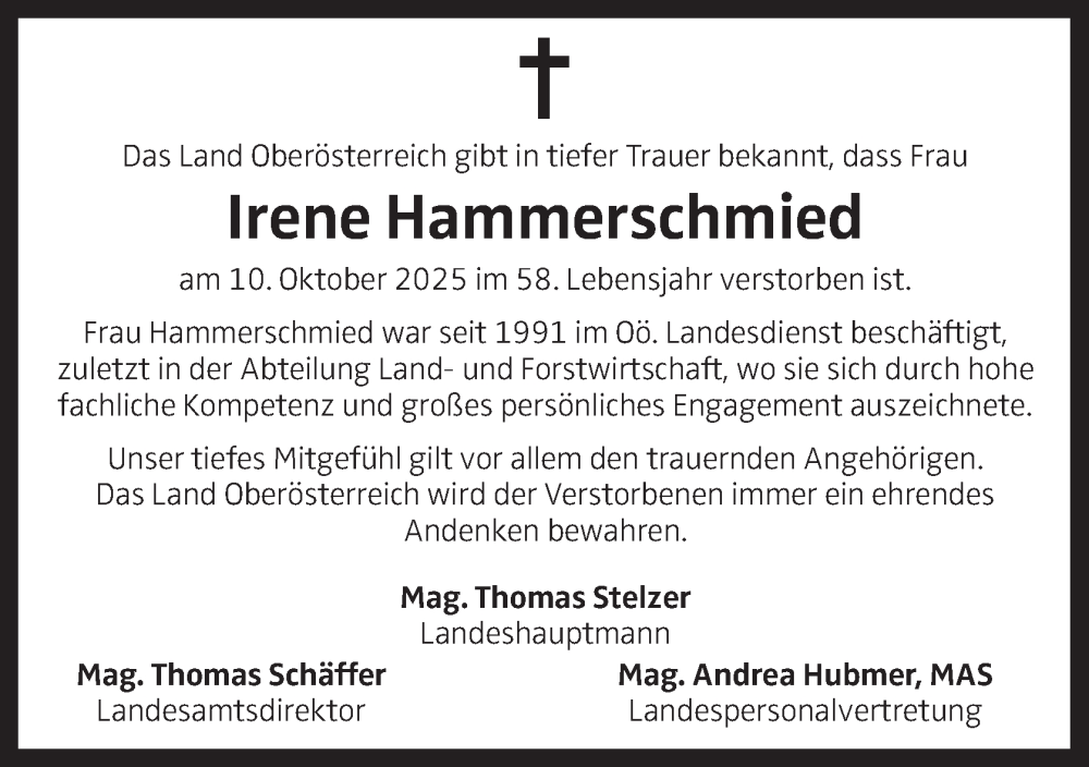  Traueranzeige für Irene Hammerschmied vom 15.10.2025 aus OÖNachrichten