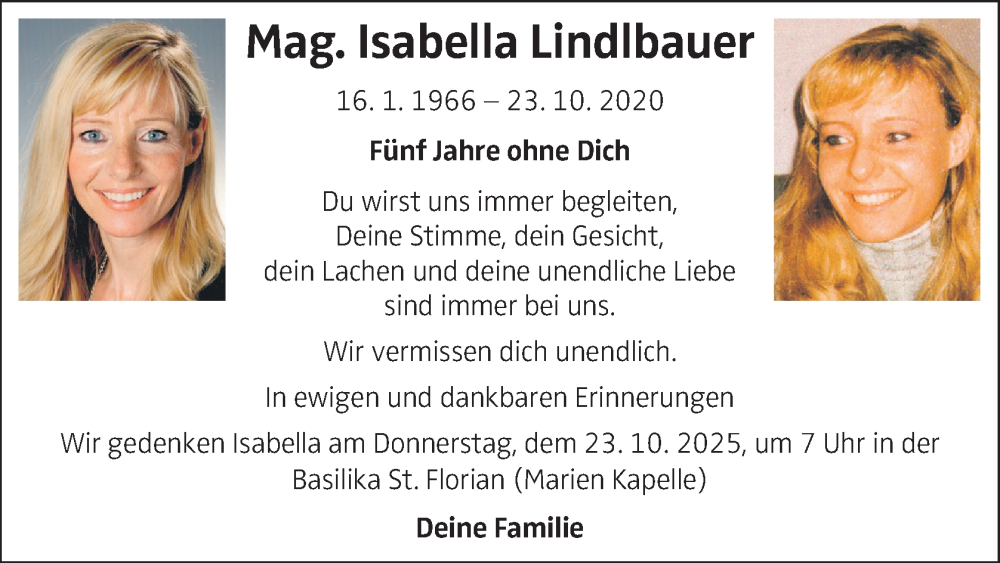  Traueranzeige für Isabella Lindlbauer vom 08.10.2025 aus OÖNachrichten