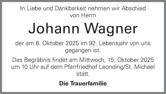 Traueranzeige von Johann Wagner von OÖNachrichten