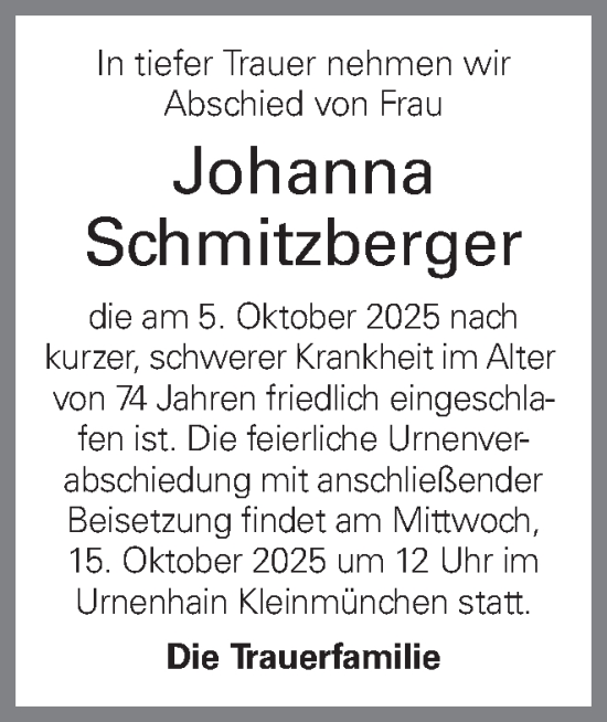Traueranzeige von Johanna Schmitzberger von OÖNachrichten
