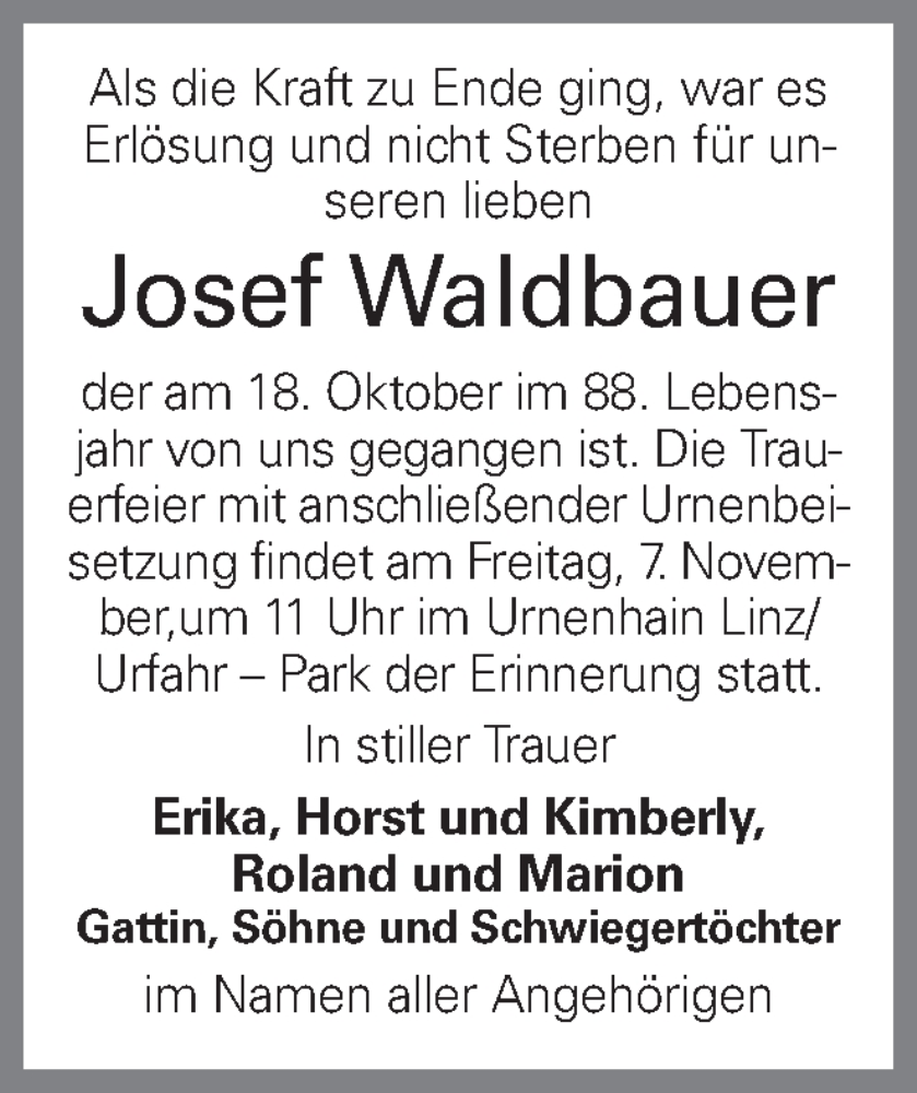  Traueranzeige für Josef Waldbauer vom 25.10.2025 aus OÖNachrichten
