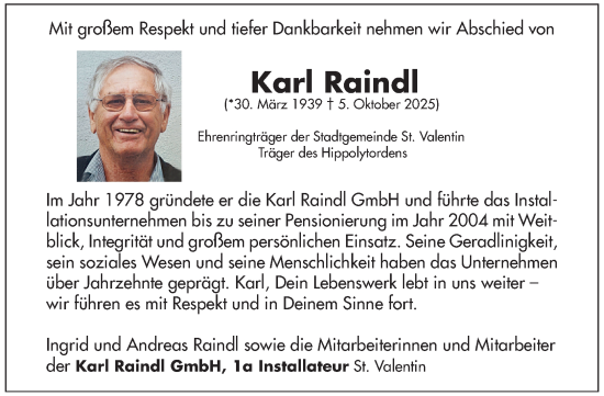 Traueranzeige von Karl Raindl von OÖNachrichten