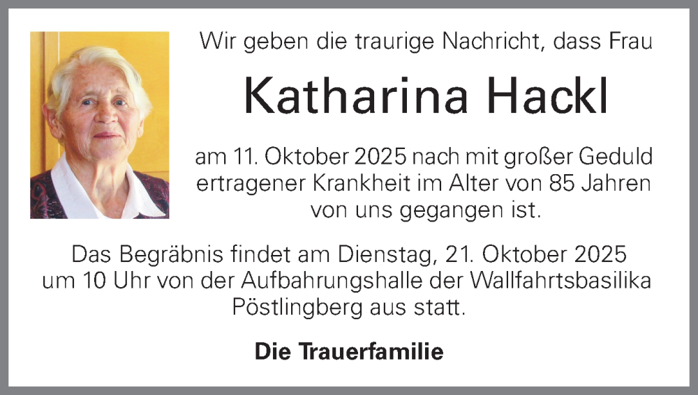  Traueranzeige für Katharina Hackl vom 16.10.2025 aus OÖNachrichten
