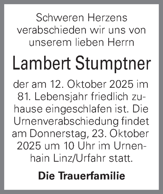 Traueranzeige von Lambert Stumptner von OÖNachrichten
