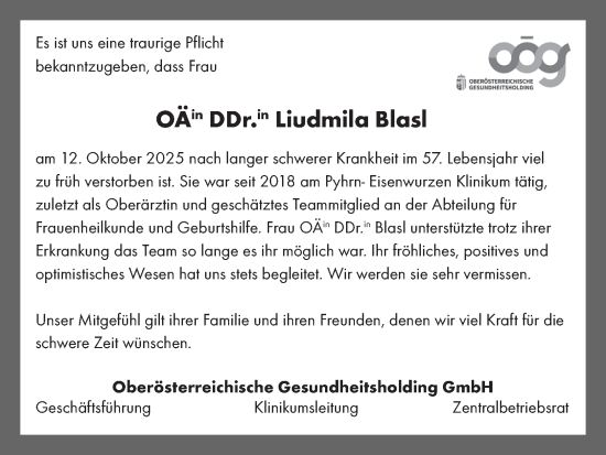 Traueranzeige von Liudmila Blasl von OÖNachrichten
