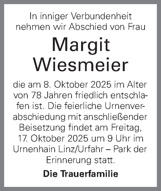 Traueranzeige von Margit Wiesmeier von OÖNachrichten
