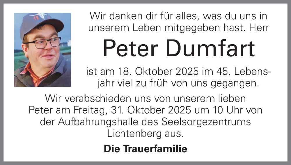  Traueranzeige für Peter Dumfart vom 25.10.2025 aus OÖNachrichten