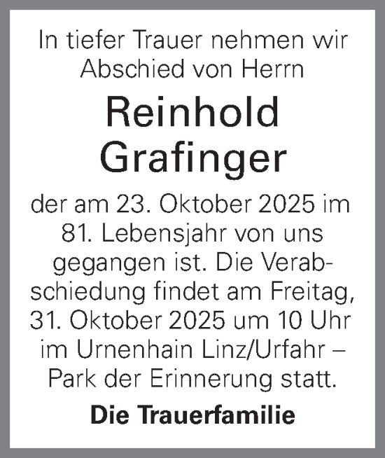 Traueranzeige von Reinhold Grafinger von OÖNachrichten