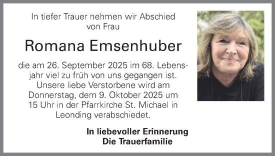 Traueranzeige von Romana Emsenhuber von OÖNachrichten