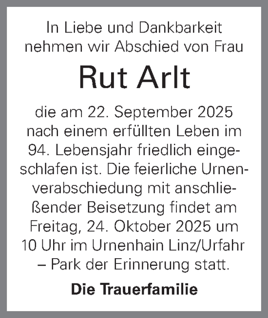Traueranzeige von Rut Arlt von OÖNachrichten
