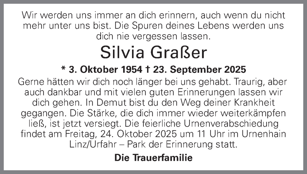 Traueranzeige für Silvia Graßer vom 04.10.2025 aus OÖNachrichten