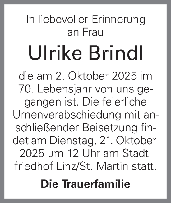 Traueranzeige von Ulrike Brindl von OÖNachrichten