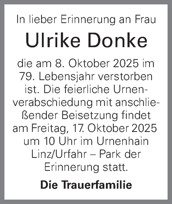 Traueranzeige von Ulrike Donke von OÖNachrichten