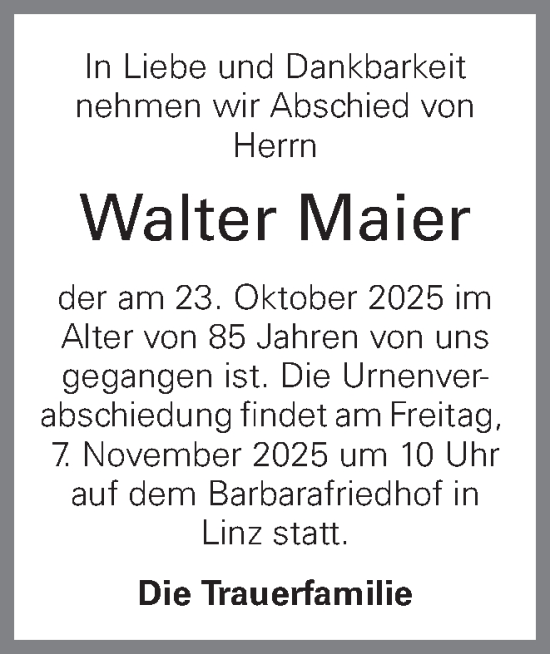 Traueranzeige von Walter Maier von OÖNachrichten