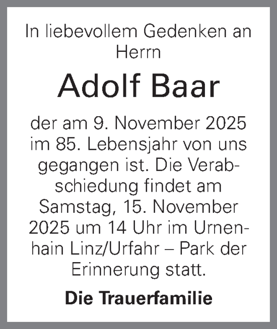 Traueranzeige von Adolf Baar von OÖNachrichten