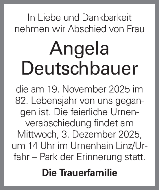 Traueranzeige von Angela Deutschbauer von OÖNachrichten