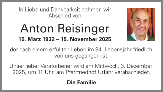 Traueranzeige von Anton Reisinger von OÖNachrichten