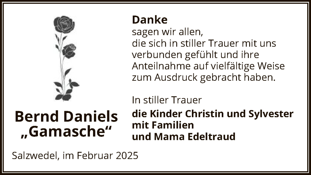  Traueranzeige für Bernd Daniels vom 18.02.2025 aus UEL