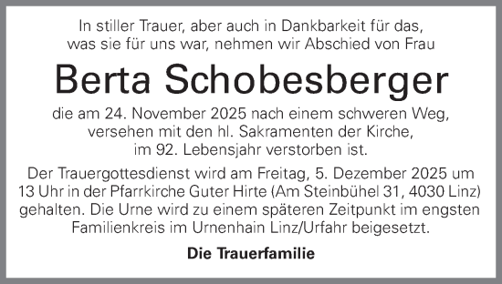 Traueranzeige von Berta Schobesberger von OÖNachrichten