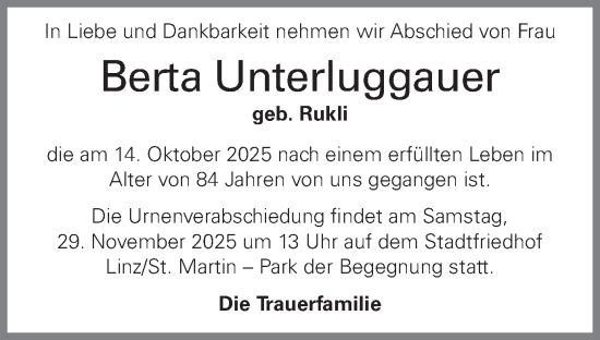 Traueranzeige von Berta Unterluggauer von OÖNachrichten