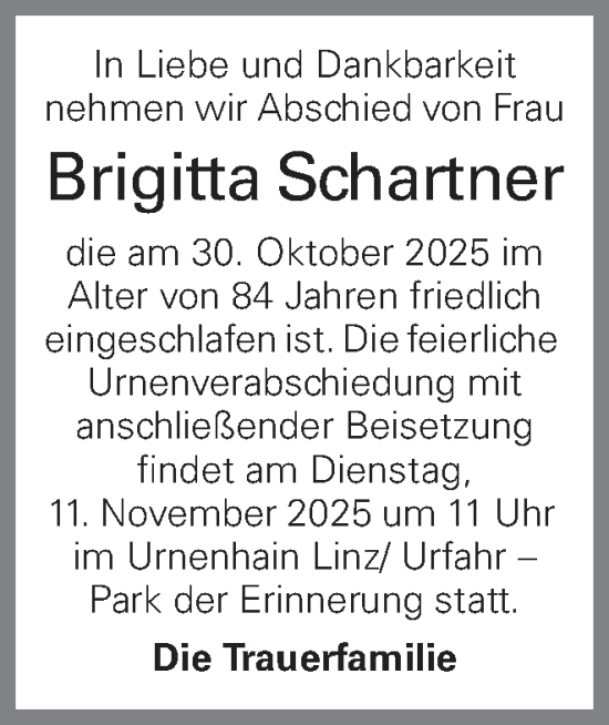 Traueranzeige von Brigitta Schartner von OÖNachrichten